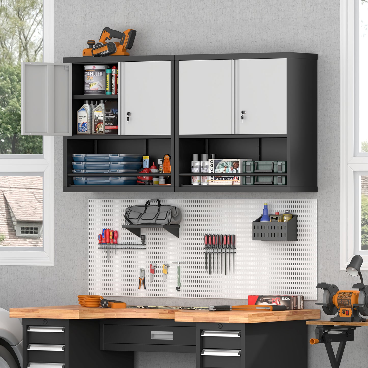 Metal Adjustable 2 Doors Metal Storage Cabinet Kitchen Pantry Cabinet With Adjustable Shelves Tall Steel Cabinet Locker For Kitchen, Living Room, Dining Room And Office