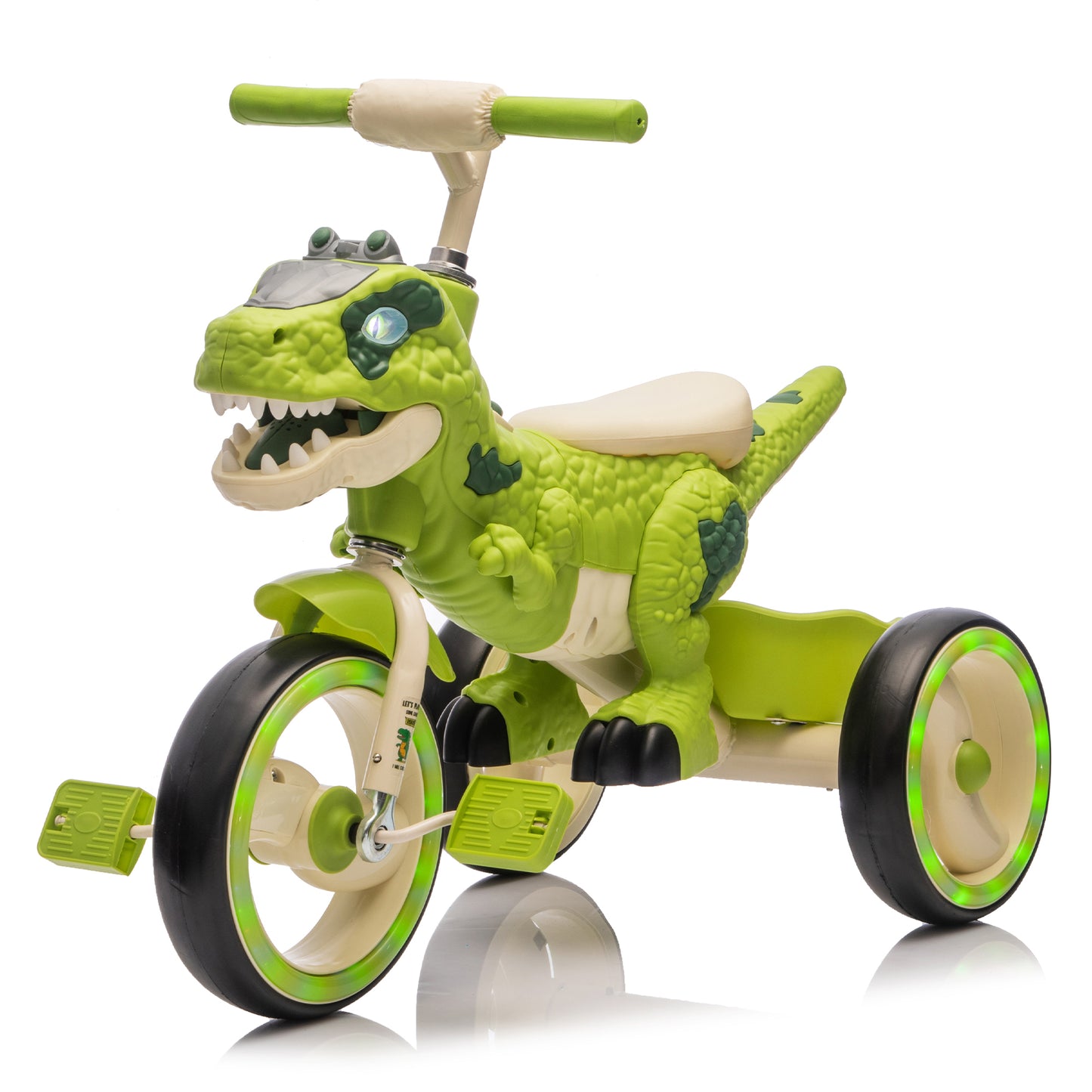 Kids Ride On Dinosaur Tricycle, Three-Wheel Stable Structure, Wider & Flash Wheels, Anti-slip Pedals & Handles, Rearward Storage Basket, Music, Lights, Cycling Training on Tricycles For Kids Aged 3-6.