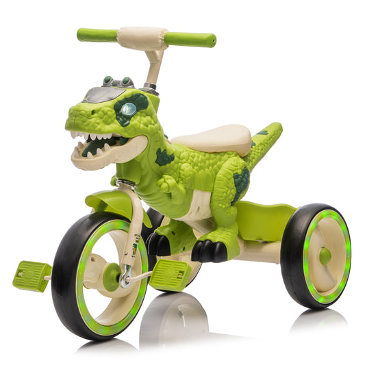 Kids Ride On Dinosaur Tricycle, Three-Wheel Stable Structure, Wider & Flash Wheels, Anti-slip Pedals & Handles, Rearward Storage Basket, Music, Lights, Cycling Training on Tricycles For Kids Aged 3-6.