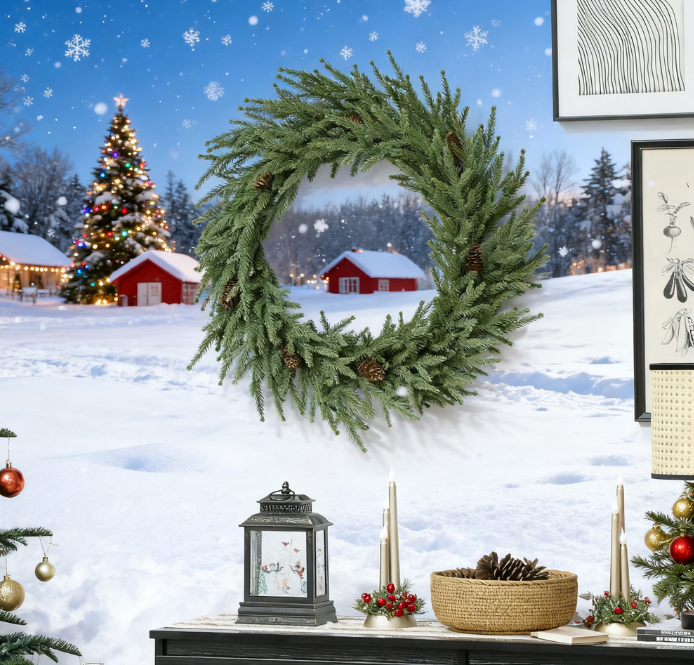 36 inch Christmas Wreath, Artificial Norfolk Pine Wreath with Pine Cones and Realistic Branches for Door