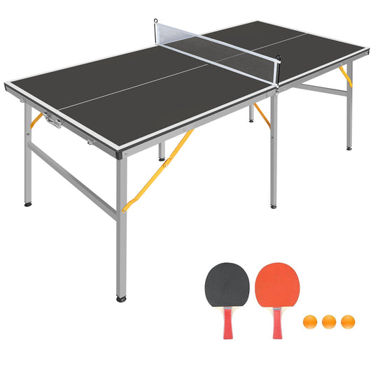 6ft Black Mid-Size Table Tennis Table Foldable & Portable Ping Pong Table Set for Indoor & Outdoor Games with Net, 2 Table Tennis Paddles and 3 Balls