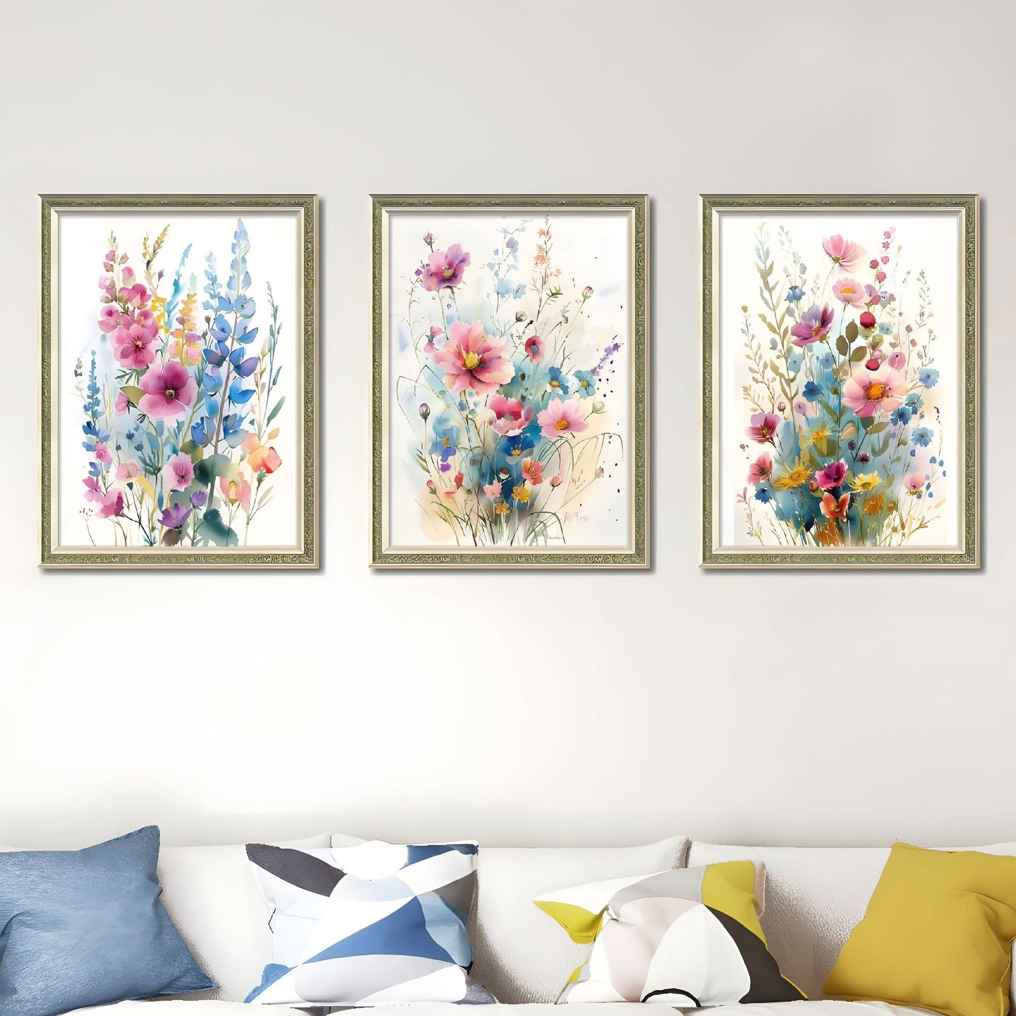 Set of 3 Colorful Floral Framed Wall Art – Replaceable Canvas Prints with Solid Wood Picture Frames, Modern Botanical Wall Decor for Living Room and Dining Room 18x24 inches