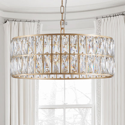 (L5025-450-G/W1340P189450)18' Golden Modern Crystal Drum Chandelier, 6-Light Pendant Lighting Fixture with Metal Frame for Living Room, Dining Room, and Bedroom (Bulbs Not Included)