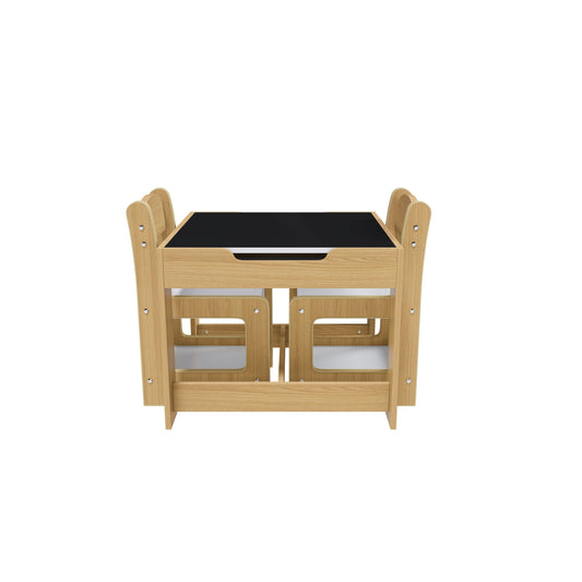 3-in-1 Kids Study Table & Chairs Set - Multi-Functional Activity Table with Detachable Blackboard Top, Natural Wood, MDF, 23.62 x 23.62 x 18.90 inches