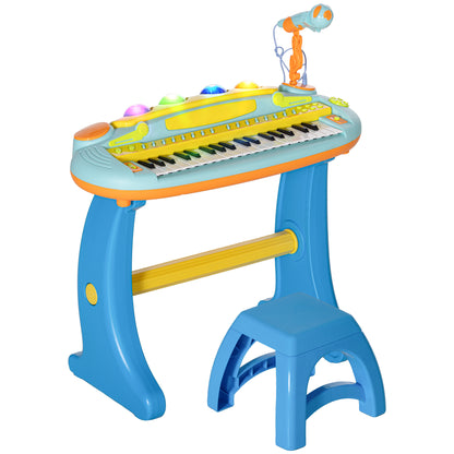 Qaba Kids Piano Toy Keyboard, 37 Key Piano for Toddlers, Electronic Music Educational Instrument with Microphone, Stool, for 3-6 Years, Blue