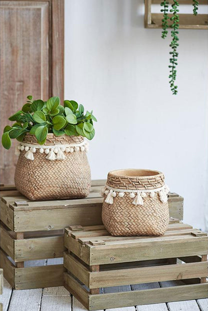 Set of 2 6.5x6.5x6' Brown Cement Planter with Woven Tassel Accent