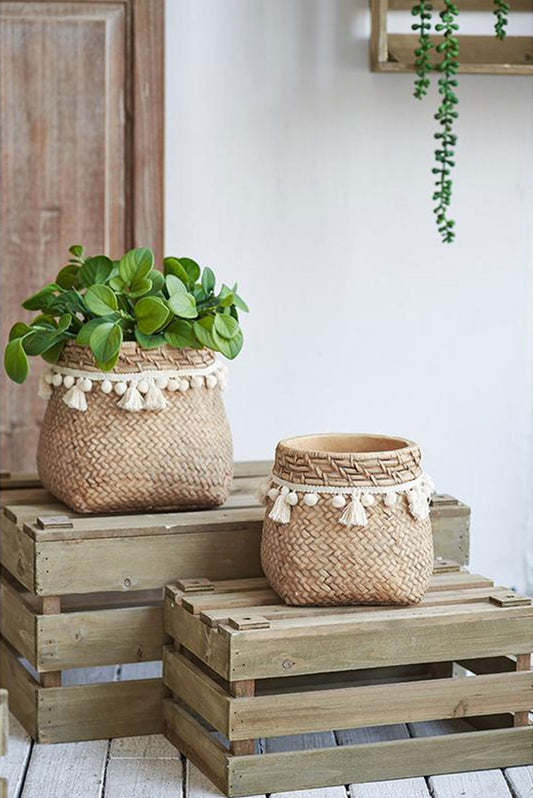 Set of 2 6.5x6.5x6' Brown Cement Planter with Woven Tassel Accent