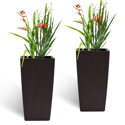 Square Planter for Indoor or Outdoor Use, 22-Inch High Faux Rattan Design Flower Pot with Automatic Watering System for Porch, Patio, Backyard, Makes Keeping Flowers Easier (Pack of 2, Brown)