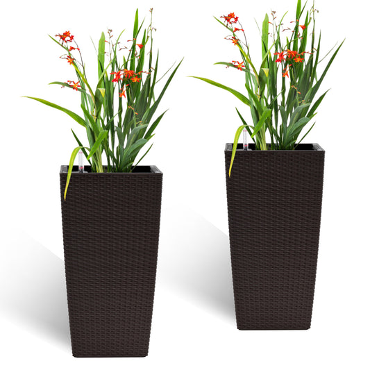 Square Planter for Indoor or Outdoor Use, 22-Inch High Faux Rattan Design Flower Pot with Automatic Watering System for Porch, Patio, Backyard, Makes Keeping Flowers Easier (Pack of 2, Brown)