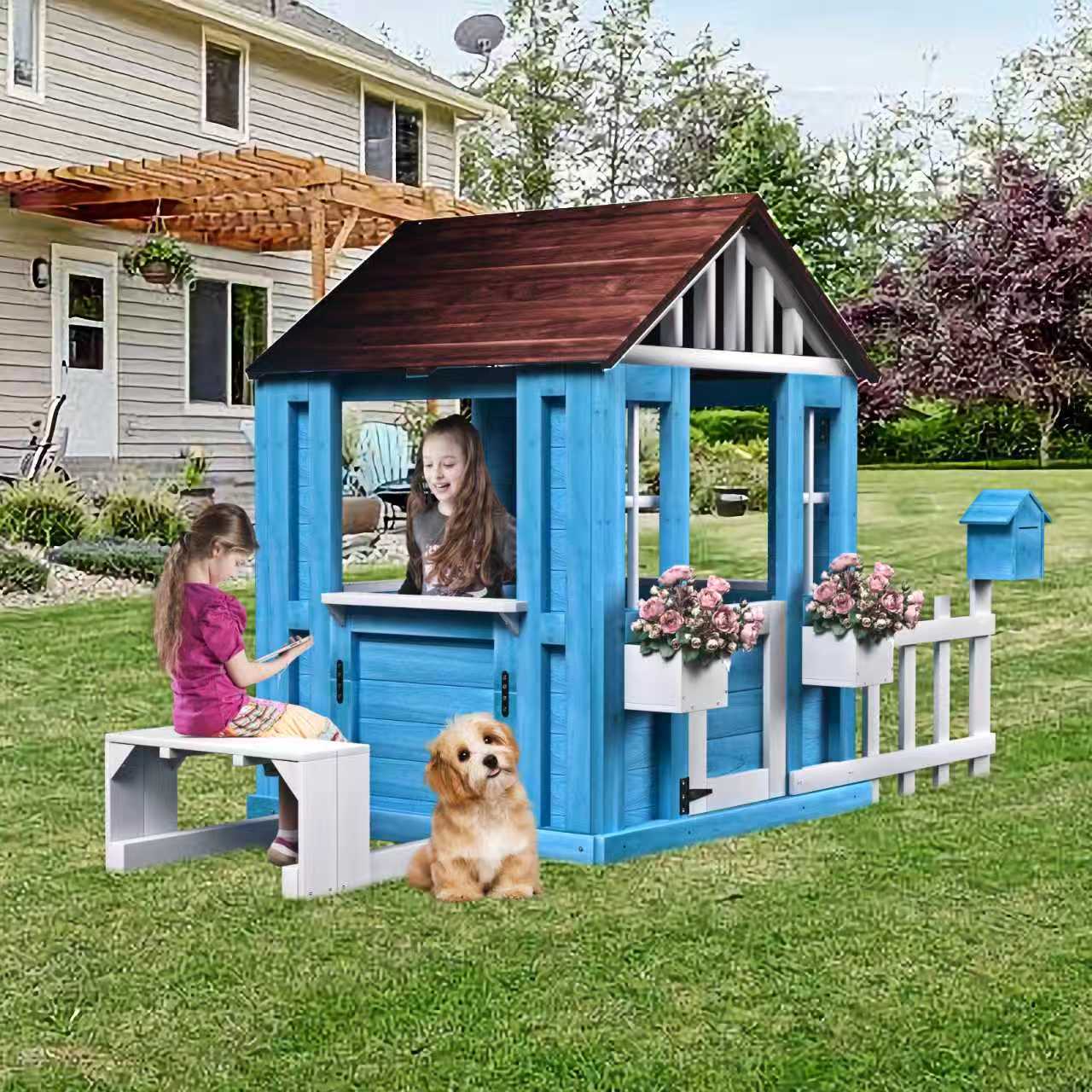Outdoor Playhouse, Wooden Kids Play House w/Picnic Bench, Half Door, Windows, Mailbox, Fence, Flowerpot Holders, Cottage Playhouse for Backyard, Garden, Lawn, Patio, Gift for Boys Girls