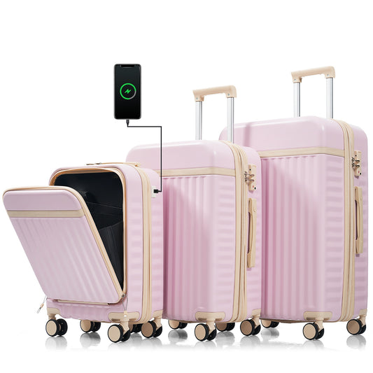 Luggage Set of 3, 20inch with USB Port, front opening design Airline Certified Carry on Luggage, ABS Hard Shell Luggage with Spinner Wheels,Light Pink
