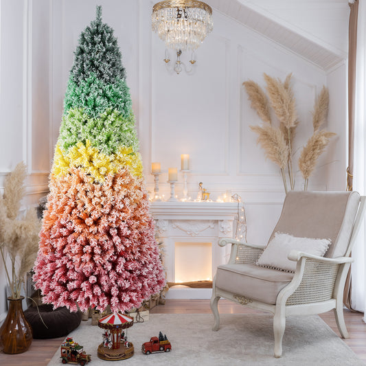 7.5ft Rainbow Gradient Flocked PVC Christmas Tree with 1927 Tips, Colorful Full-Bodied Artificial Pine with Snowy Finish, Hinged Design and Sturdy Metal Stand for Holiday Decoration