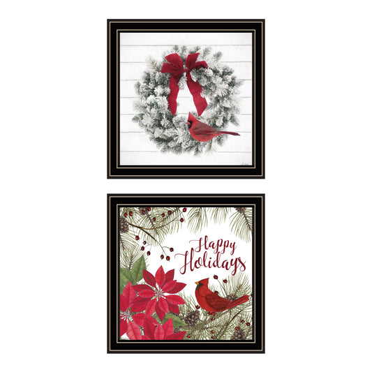 Trendy Decor 4U 2- Piece Vignette Cardinal Wreath Black Framed Wall Art for Living Room, Bedroom Wall Art Print for Home Decor by Linda Spivey