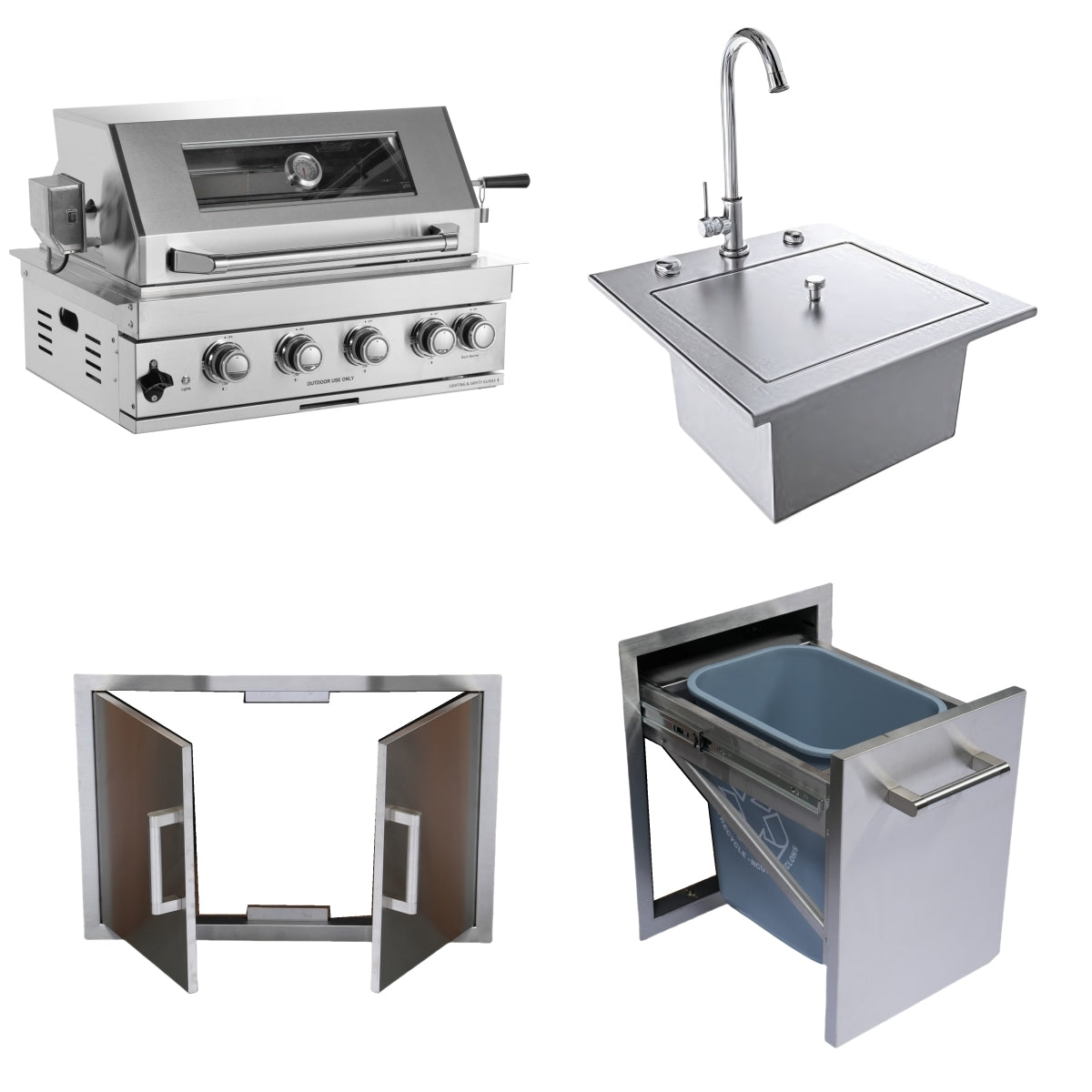 Built-in Outdoor Kitchen 32 inch LPG Gas Grill 60000 BTU Stainless Steel Four burners Grill with Infrared Rear Bunrer and Door and Drawer Combo and Drop in Stainless Steel 304# Sink