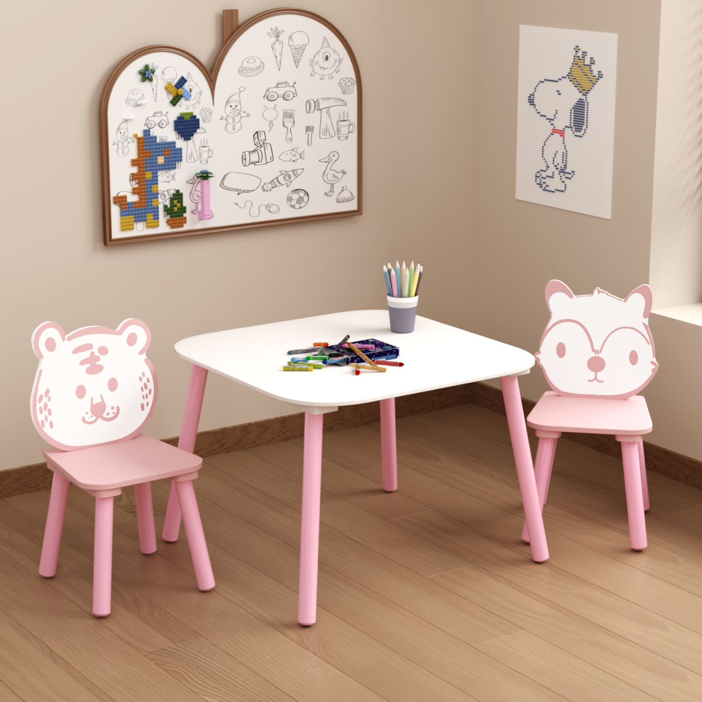 Kids Table and Chair Set, 3-Piece Wooden Toddler Desk with Animal Backrest, Activity Table for Drawing, Learning,Playroom or Nursery(Pink&White)