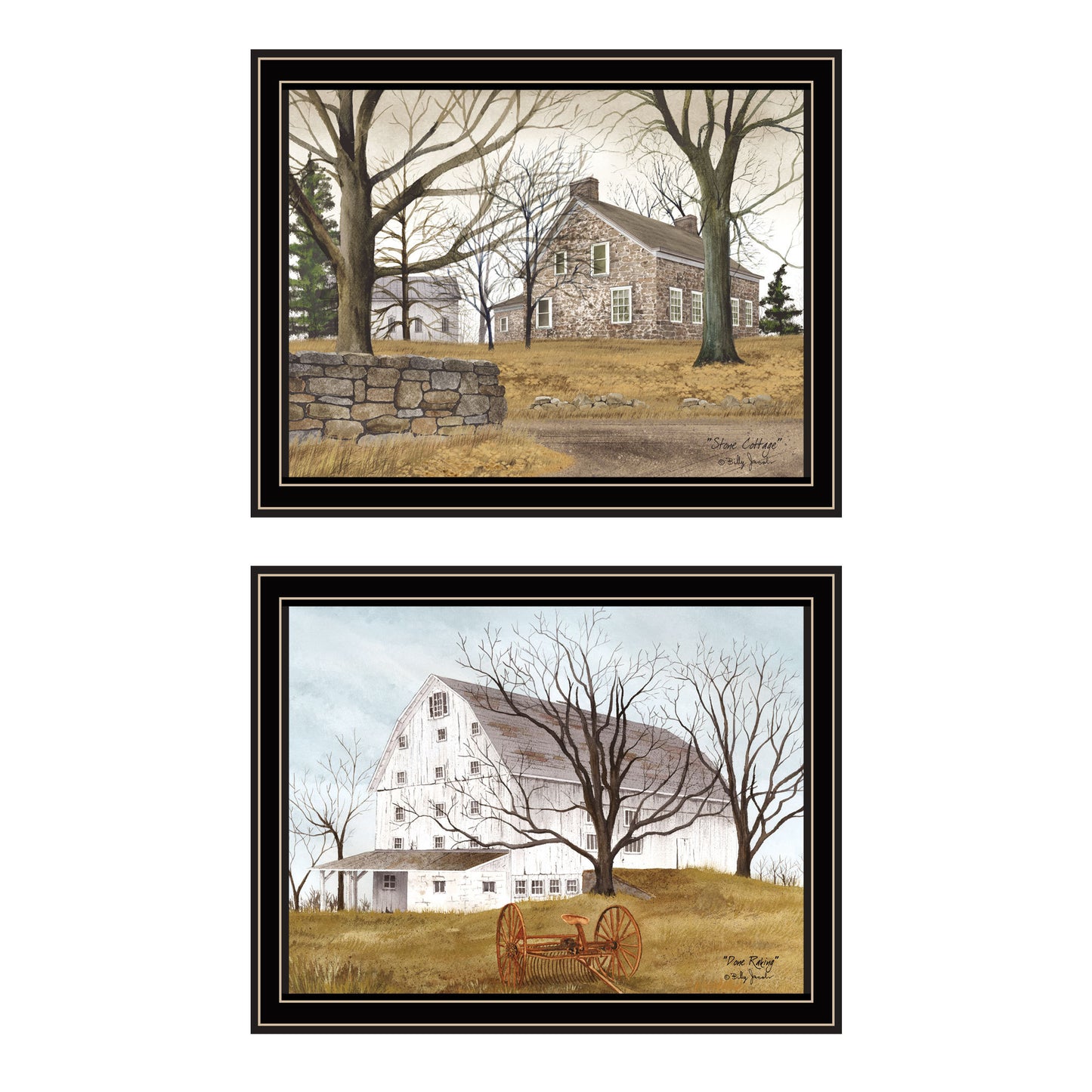 Trendy Decor 4U 2- Piece Vignette Stone Cottage Farmhouse & White Wooden Barn with Hay Rake Black Framed Wall Art for Living Room, Bedroom Wall Art Print for Home Decor by Billy Jacobs