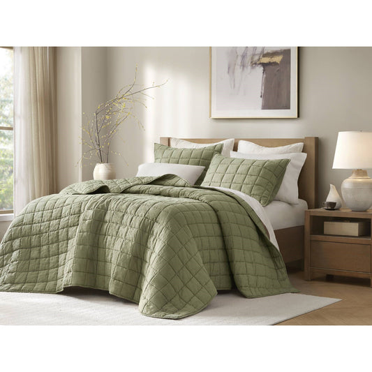 3-Piece King/Cal King Linen Garment Washed Quilt Set,Olive Green