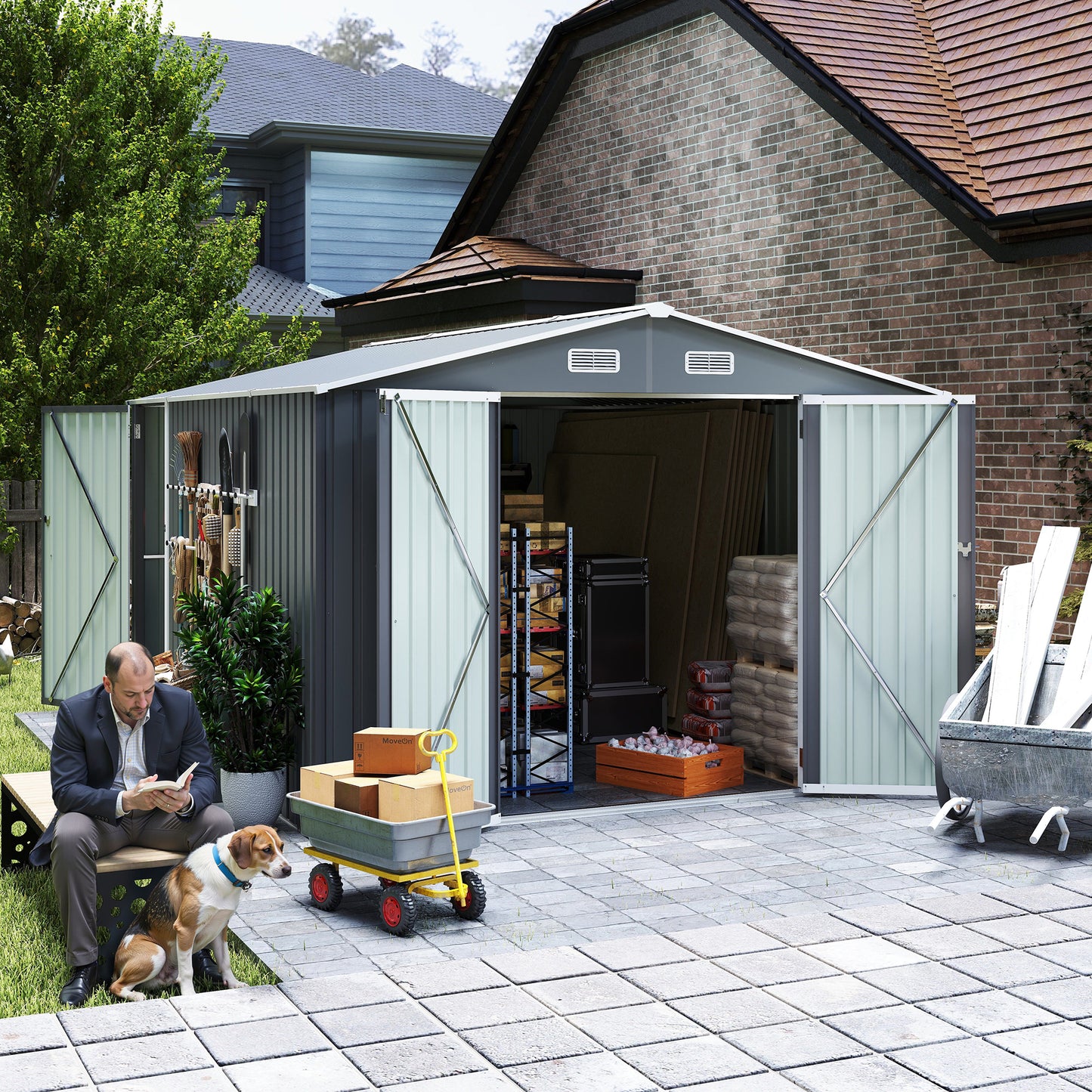 Campcraft  Outdoor Storage Shed 9×11 FT with 3 Lockable Doors,Utility Tool Shed Metal Storage Garden Sheds 4 Vents,Metal Sheds with Galvanized Steel Frame,for Backyard,Patio,Lawn,Grey