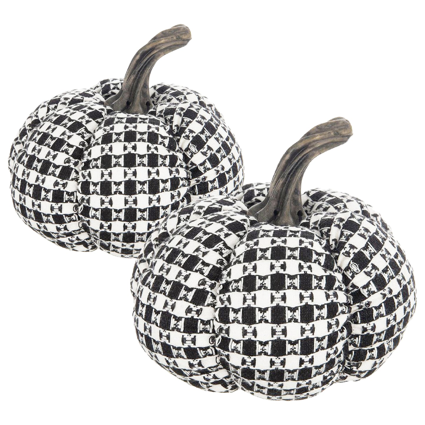 Set of 2, 7x7x6.7' Fabric Black-White Plaid Pumpkin Decor, for Holiday Halloween Decoration