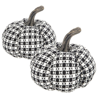 Set of 2, 7x7x6.7' Fabric Black-White Plaid Pumpkin Decor, for Holiday Halloween Decoration