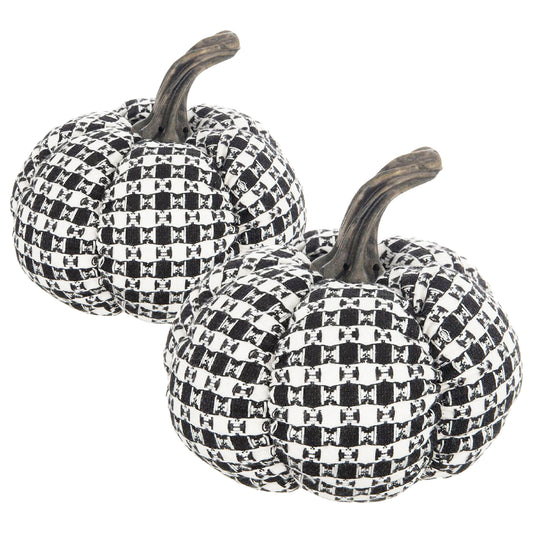 Set of 2, 7x7x6.7' Fabric Black-White Plaid Pumpkin Decor, for Holiday Halloween Decoration