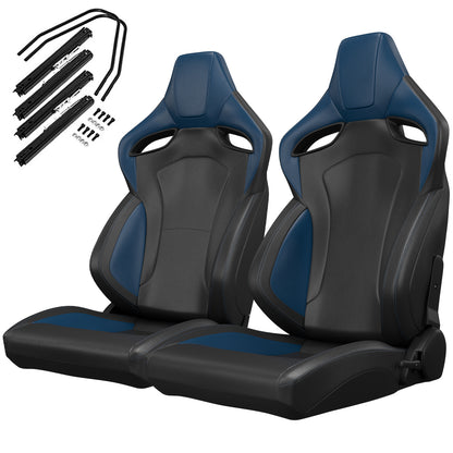 2PC New Universal Bucket Racing Seats Black Stitch Black PVC Leather Reclinable Carbon Look Leather Back With Adjustor Slider(Not Including Seat Bracket ) 1 box of 2 pieces