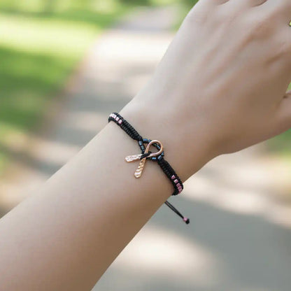 Copper Ribbon Black Pink Braided Breast Cancer Bracelet