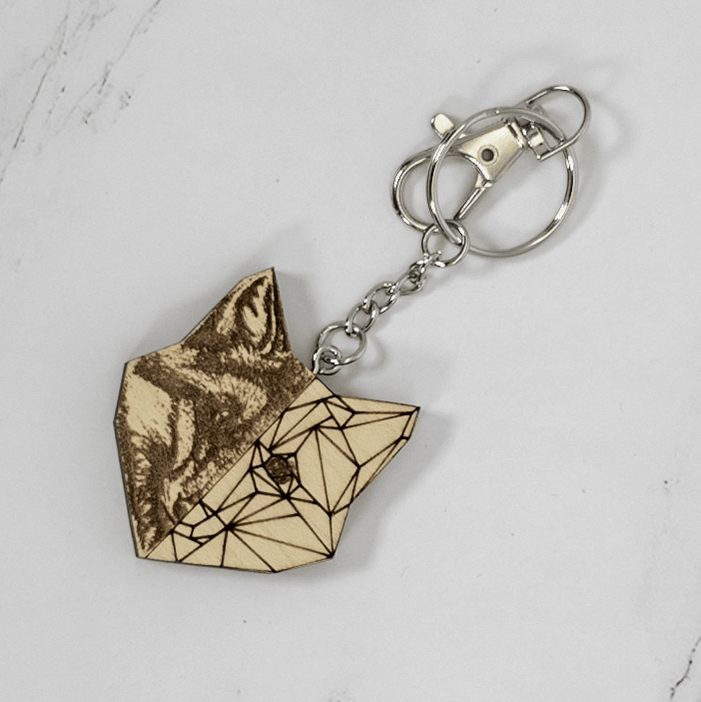Geometric Half Fox Wood Keychain