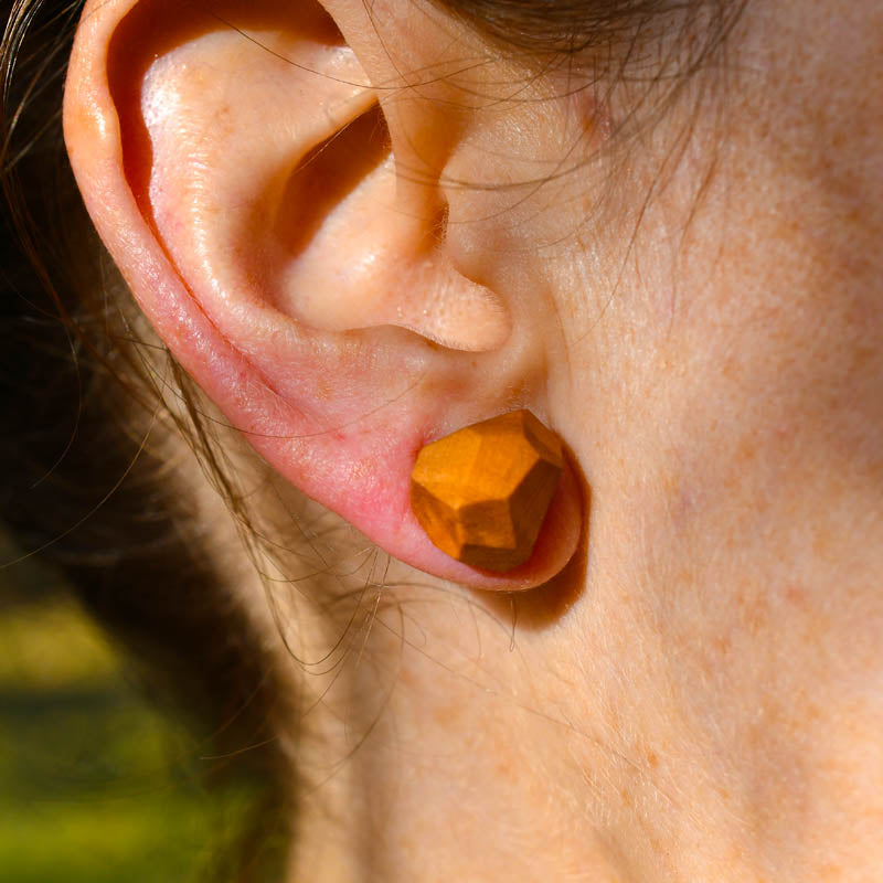 Geometric Wood Stud Earrings , Sterling Posts, ½″ Faceted