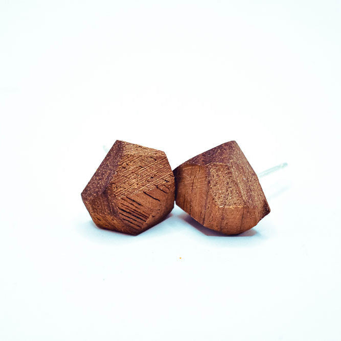 Geometric Wood Stud Earrings , Sterling Posts, ½″ Faceted
