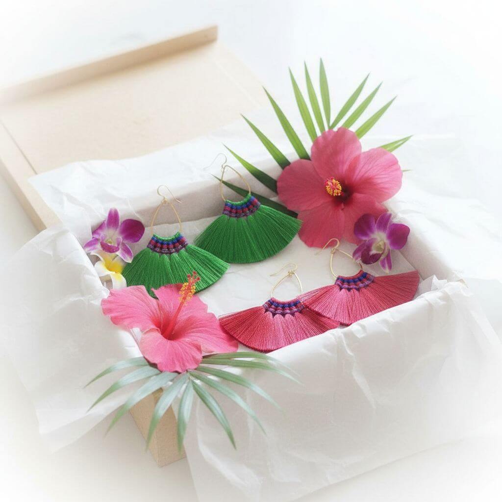 Handmade Hawaii Hula Skirt Rayon Silk Tassel Hoop Earrings