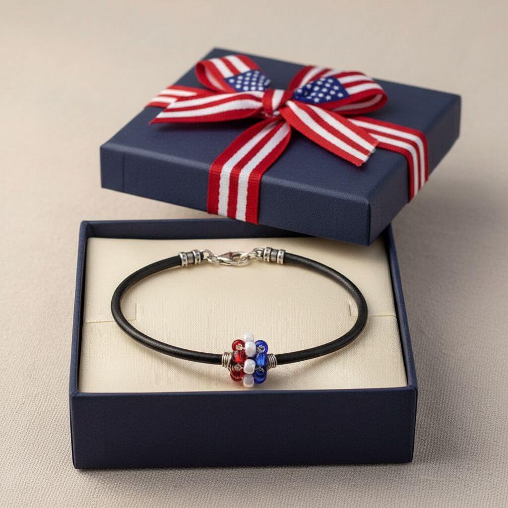 Patriotic Red White Blue Beaded Bead Leather Bracelet