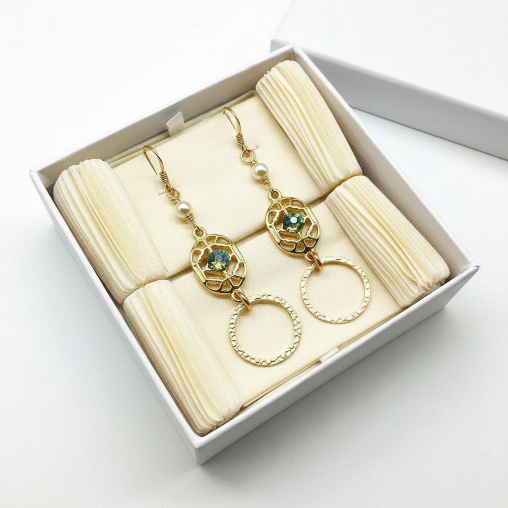 14 KT Gold Filled Green Crystal Circle Filigree Earrings