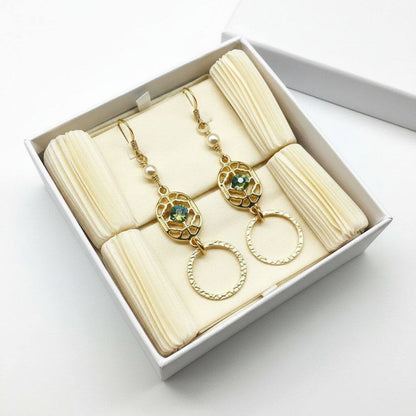 14 KT Gold Filled Green Crystal Circle Filigree Earrings