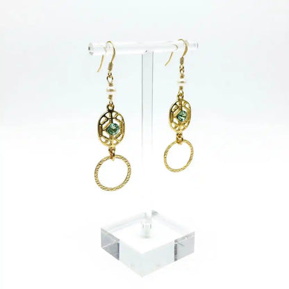 14 KT Gold Filled Green Crystal Circle Filigree Earrings