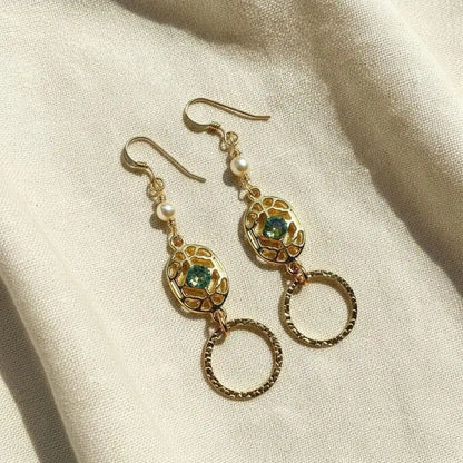 14 KT Gold Filled Green Crystal Circle Filigree Earrings