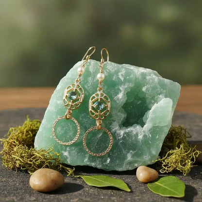 14 KT Gold Filled Green Crystal Circle Filigree Earrings