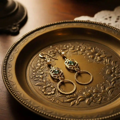 14 KT Gold Filled Green Crystal Circle Filigree Earrings