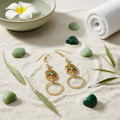 14 KT Gold Filled Green Crystal Circle Filigree Earrings