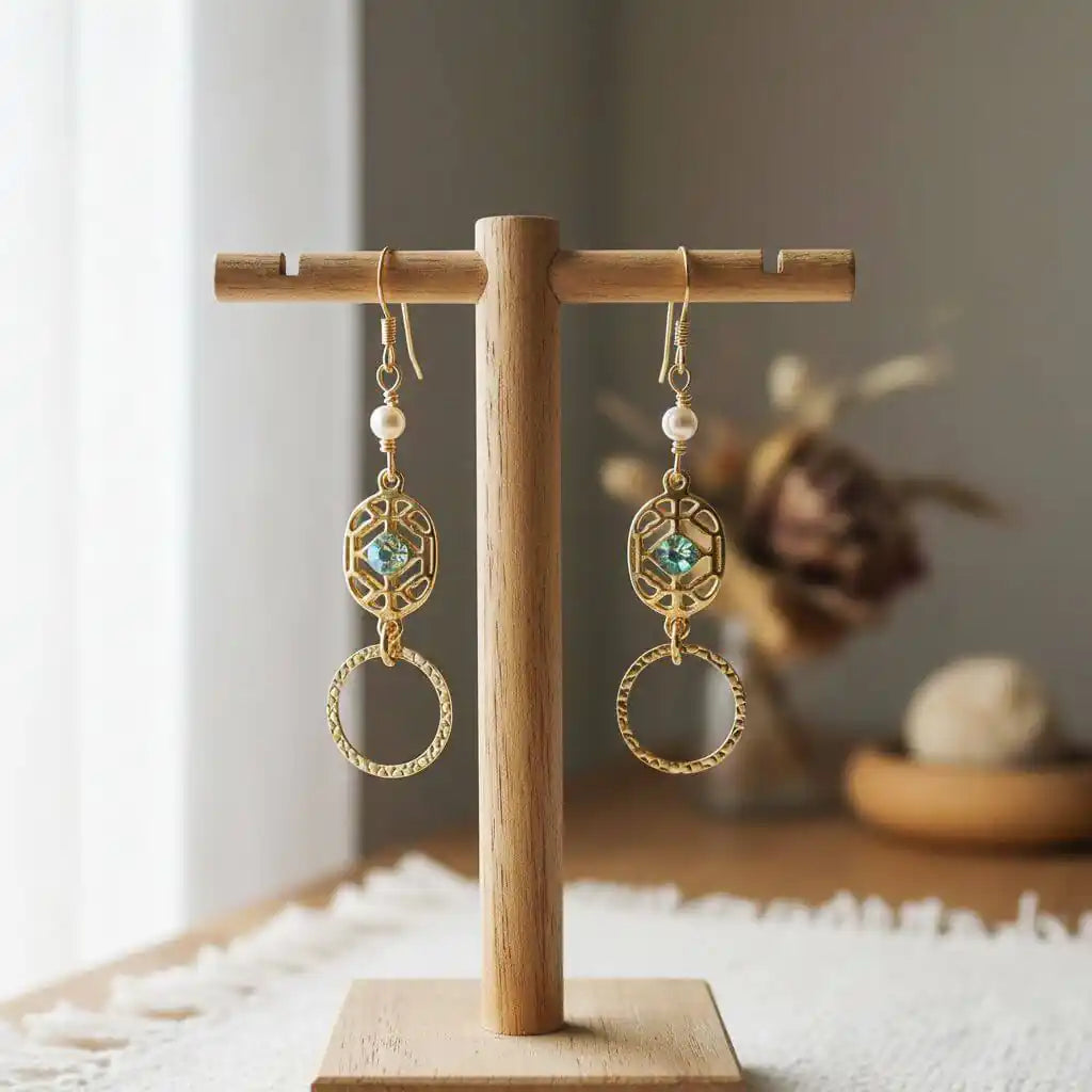 14 KT Gold Filled Green Crystal Circle Filigree Earrings