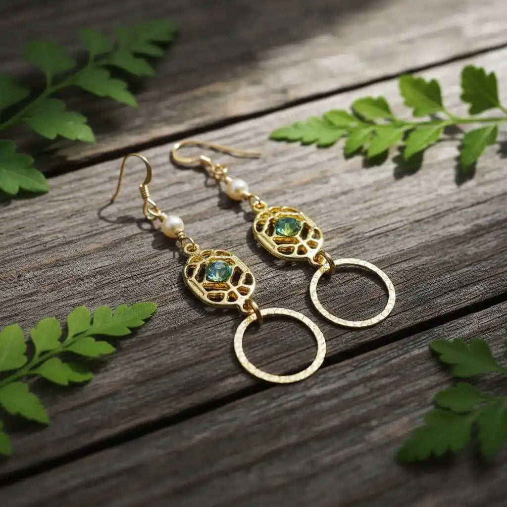 14 KT Gold Filled Green Crystal Circle Filigree Earrings