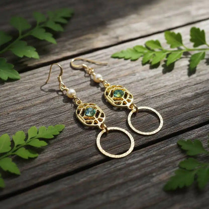 14 KT Gold Filled Green Crystal Circle Filigree Earrings