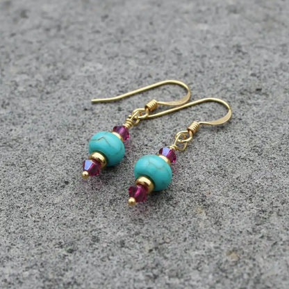 Hot Pink and Turquoise Gemstone 14 K Gold Filled Earrings
