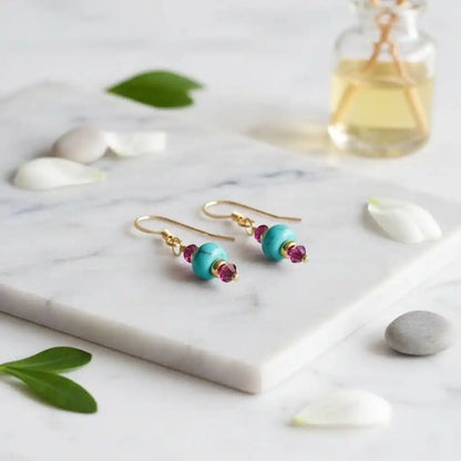 Hot Pink and Turquoise Gemstone 14 K Gold Filled Earrings