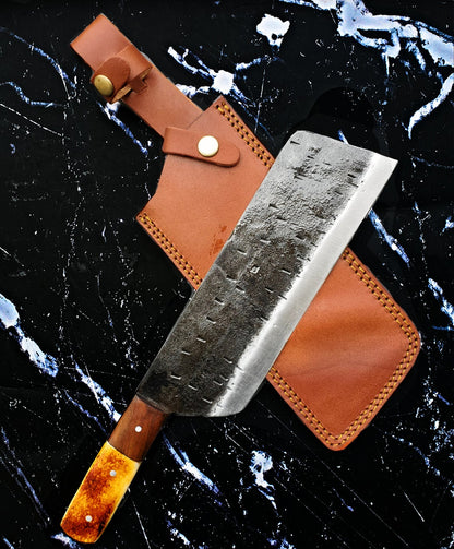 Heavy Duty Carbon Steel Cleaver / Meat Chopper With Burnt Camel Bone and Walnut Handle by Titan (Duty Cleaver)