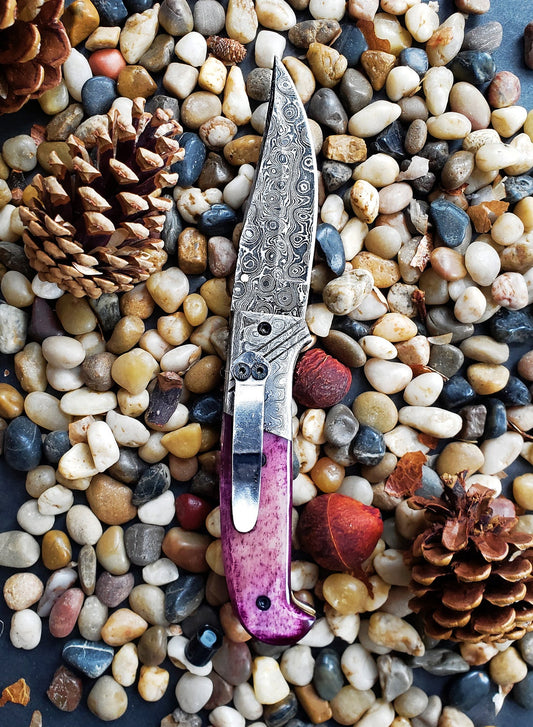 Titan Classico Viola- Raindrop Damascus Folding Blade/ EDC/ Clip Point TF-002