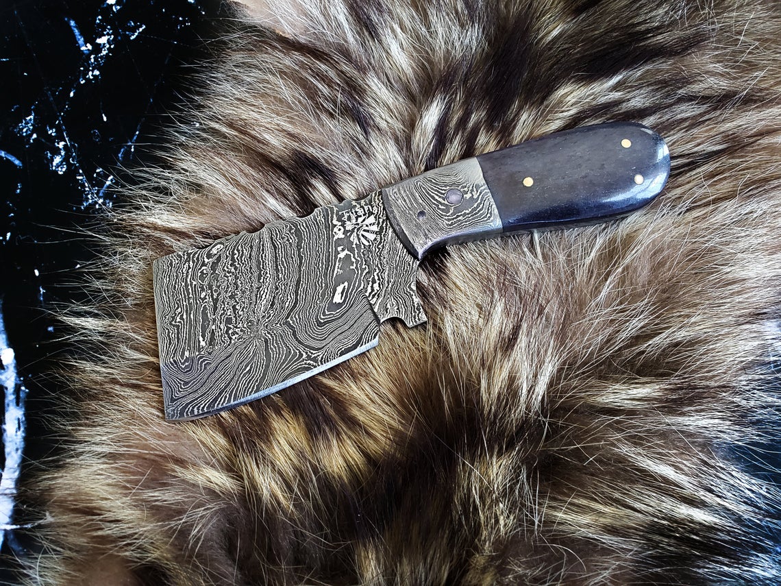 EDC Mini Cleaver/ Handmade Damascus Steel/ Bushcraft Knife/ Tactical Handle With Dyed Bone Handle TD-231