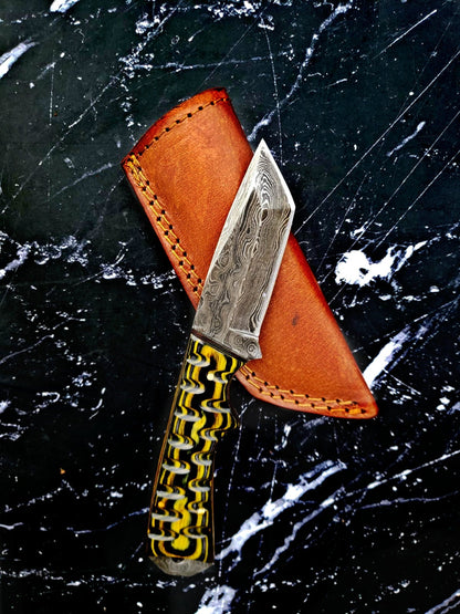 Custom, 8", Knife, Damascus Knife, Carved Diamond Wood, Beautiful Twist Damascus TD-75