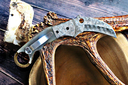 Handmade Damascus Folding Pocket Knife - Camel Bone Handle, Leather Sheath A-111