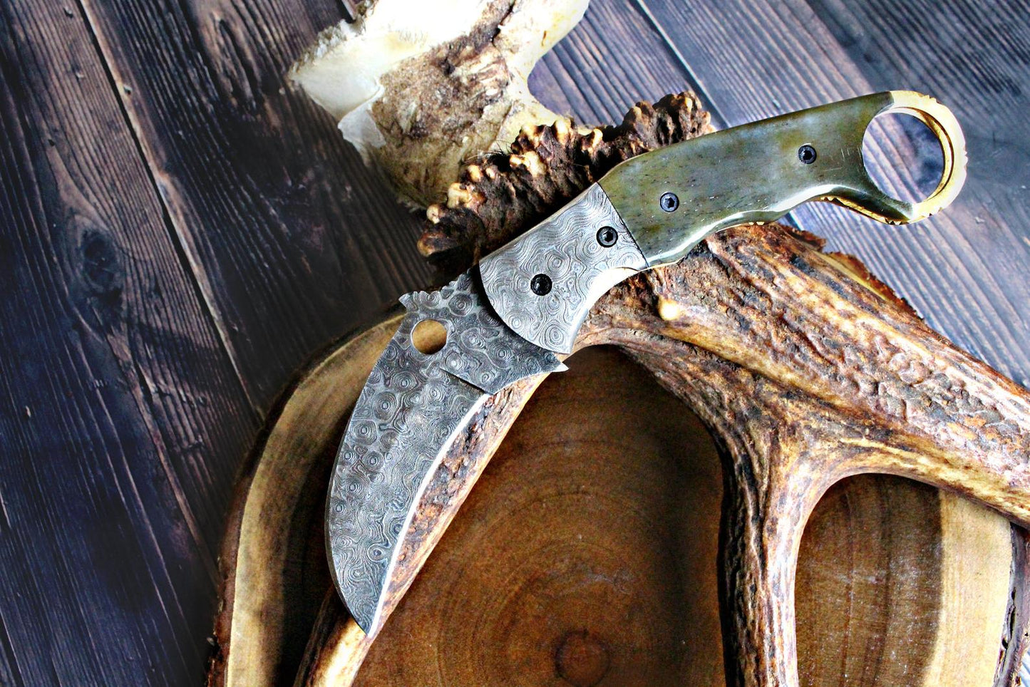 Handmade Damascus Folding Pocket Knife - Camel Bone Handle, Leather Sheath A-111